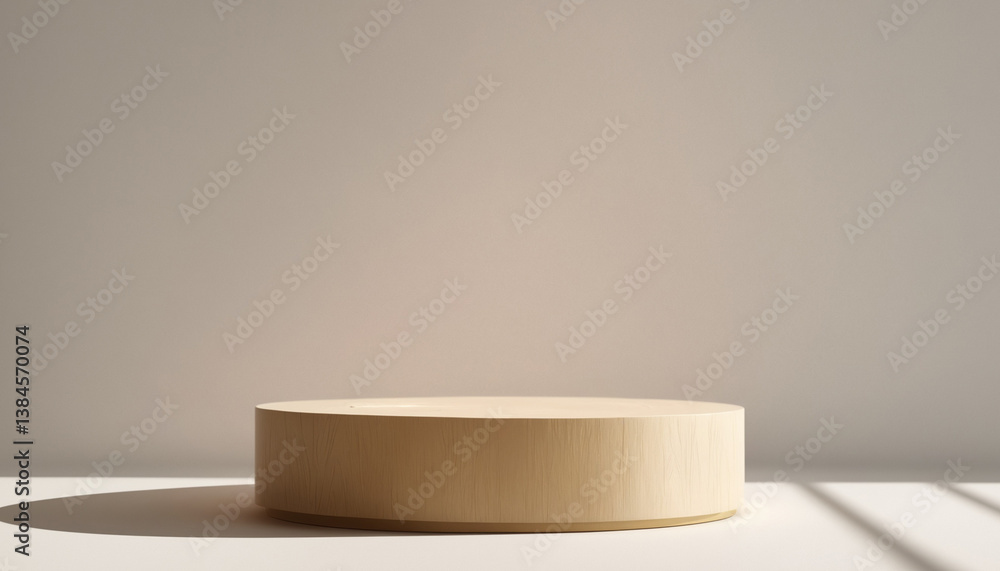 Solitary wooden cylinder display platform against a plain white background with soft, natural light casting a shadow. Solitary wooden cylinder display platform against a plain white background with soft, natural light casting a shadow.