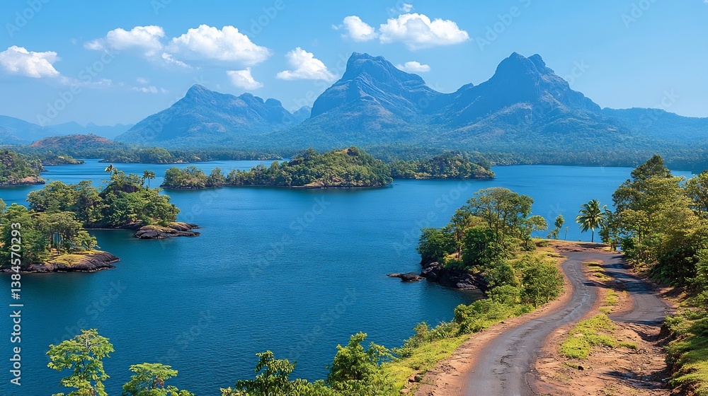Fototapeta premium Tropical Lake Mountains Road Panoramic.
