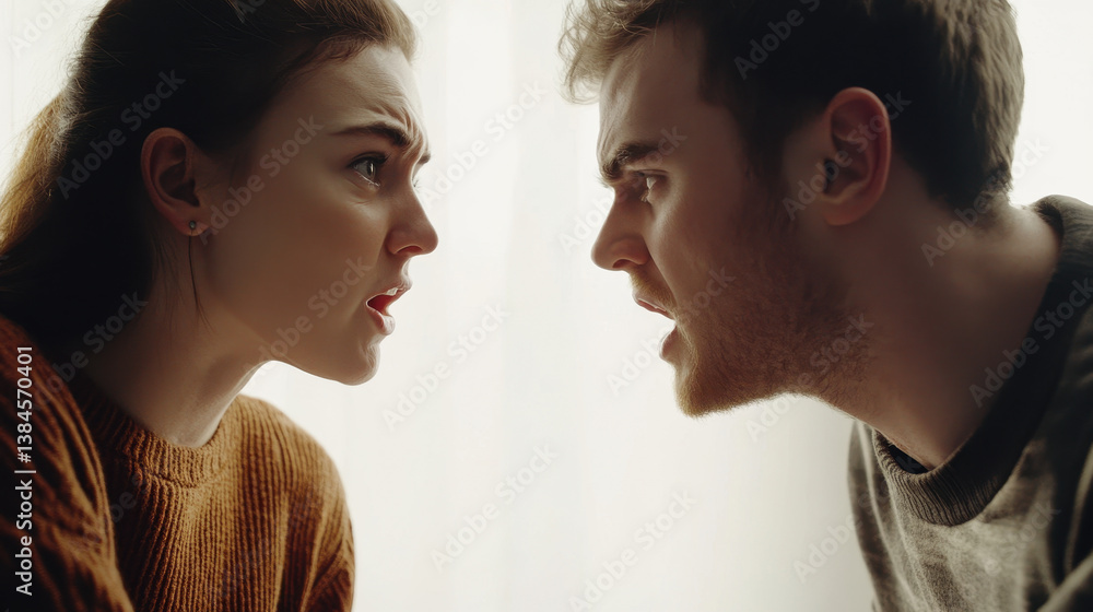 A couple arguing showing conflict on a white background A couple arguing showing conflict on a white background