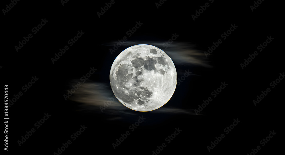 Fototapeta premium Full moon illuminating the night sky with wispy clouds 