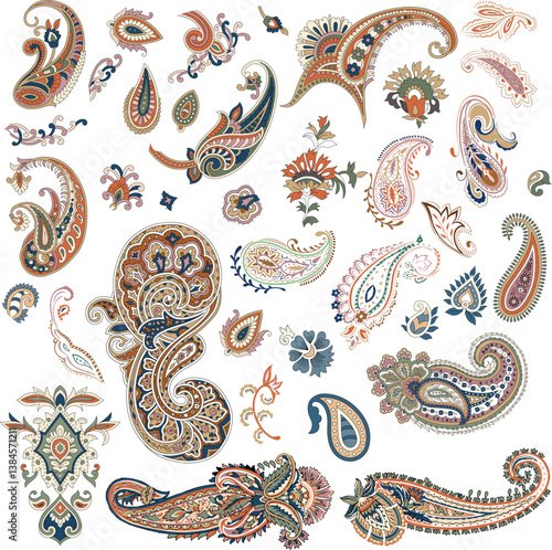 set of paisley motif pattern on white background 