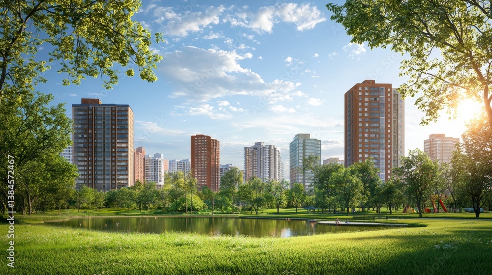 Obraz premium Urban Oasis: Modern City Skyline Reflected in a Tranquil Park Lake