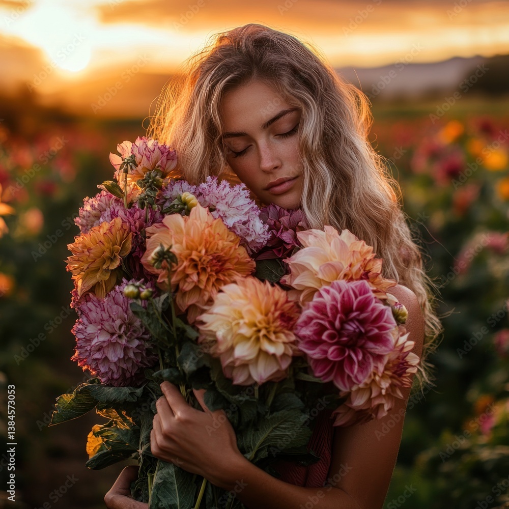 Serene woman with dahlia bouquet at sunset expressing peaceful mood Serene woman with dahlia bouquet at sunset expressing peaceful mood