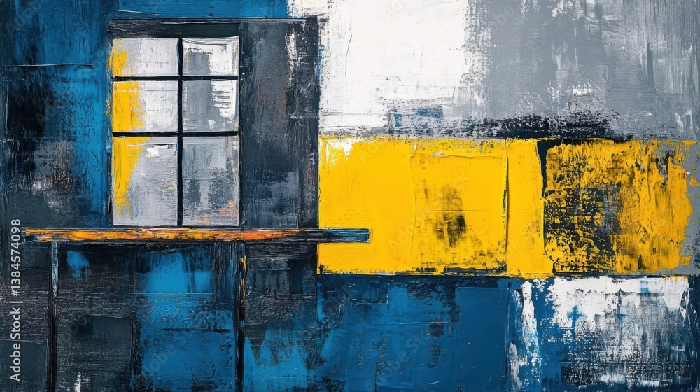 Naklejka premium Abstract Blue Yellow Grey Window Painting Art.