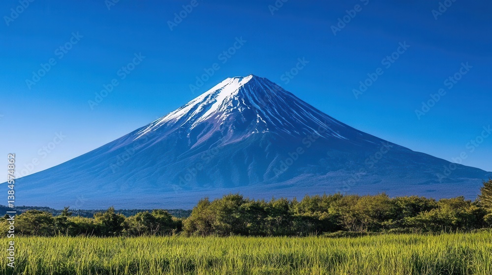 The mountain stands tall against the clear blue sky The mountain stands tall against the clear blue sky