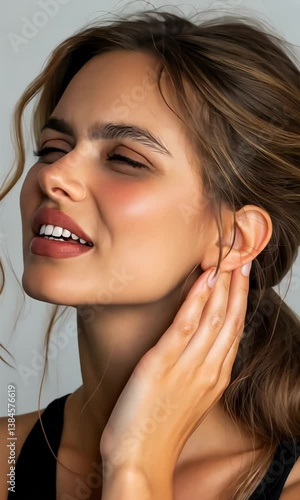 A young woman gently touches her neck and ear, her closed eyes suggesting focus on a sensation, possibly pain or discomfort, or a moment of quiet reflection.