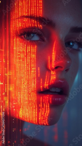 Woman with red futuristic digital light projection.