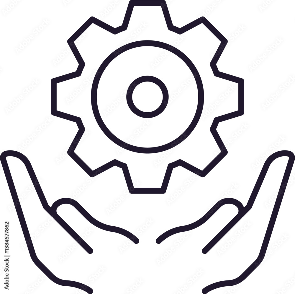 Cogwheel and Gear above Open Hands Outline Icon for Graphic Design, Web Sites, Cards, Books, Articles Cogwheel and Gear above Open Hands Outline Icon for Graphic Design, Web Sites, Cards, Books, Articles