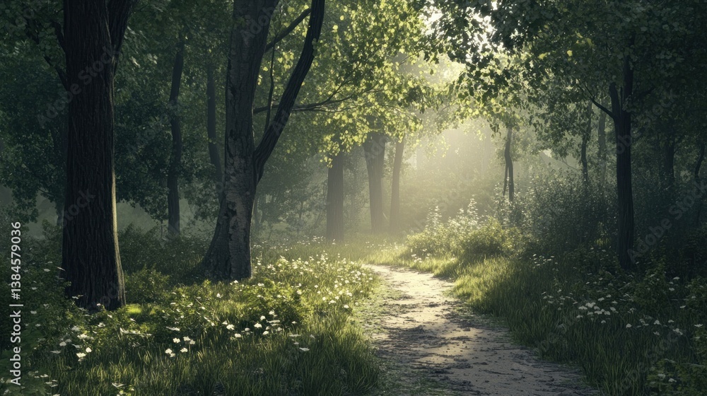 Fototapeta premium Sunlit path winds through a lush, misty forest.