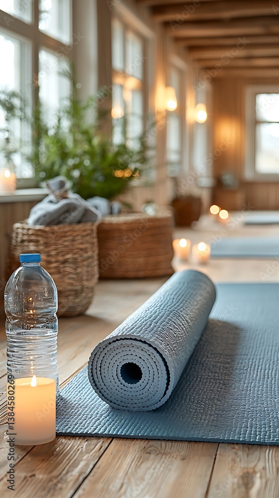 Naklejka premium A yoga mat unrolled in a serene room, soft candlelight flickering, a water bottle and towel beside it, creating a peaceful, meditative atmosphere