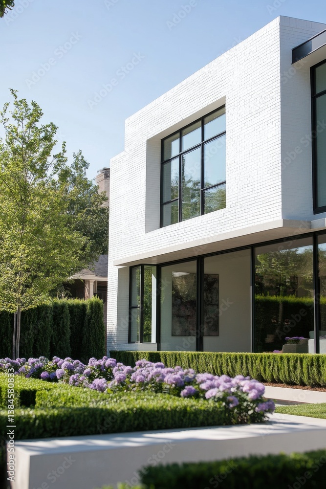 Modern house with large windows surrounded by lush greenery and blooming flowers in a tranquil neighborhood under a clear blue sky Modern house with large windows surrounded by lush greenery and blooming flowers in a tranquil neighborhood under a clear blue sky