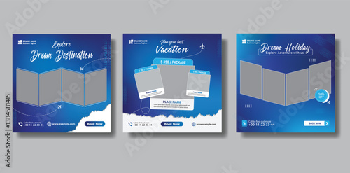 Travel agency social media post templates, Tours and holiday travel banner design advertisement travel poster 