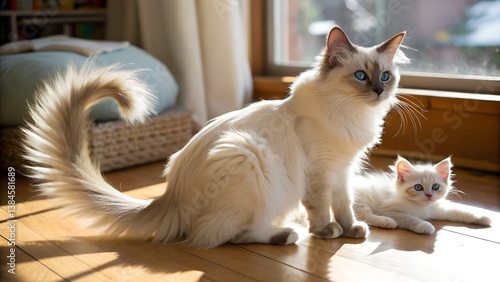 Balinese mother cat and her kitten enjoying the cozy indoor warmth by a sunny window. Beautiful balinese cat
