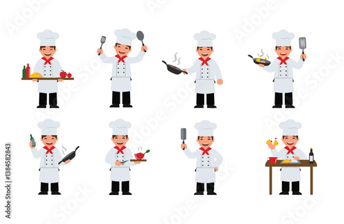 Chef character set cartoon restaurant kitchen cooking chopping vegetables preparing meals serving dishes plating food uniform

