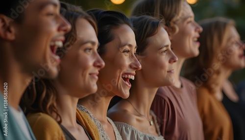A diverse group of people from different ages and backgrounds singing together in harmony
