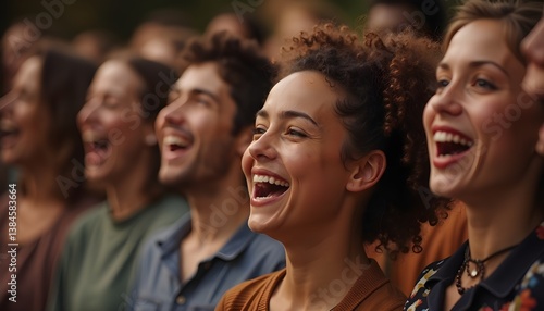 A diverse group of people from different ages and backgrounds singing together in harmony