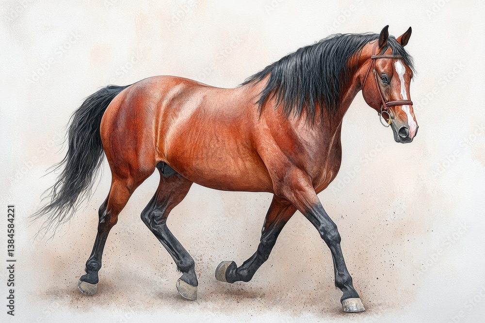 Obraz premium Elegant Brown Horse Trotting Gracefully Against a Light Background
