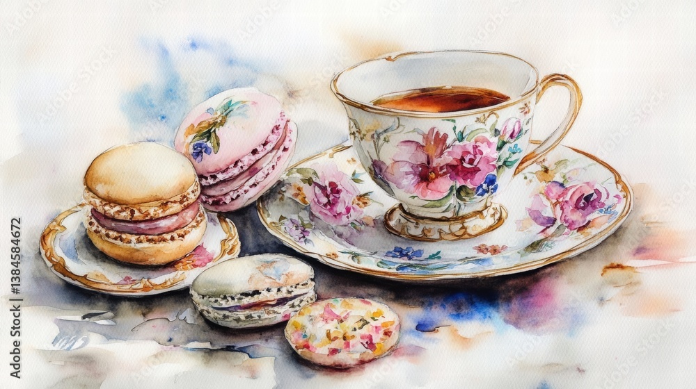 Watercolor illustration of British afternoon tea,tea break in the English style,tea set with Afternoon tea stand with macaroons and scone,cake,cup of tea,Tea time dessert table,vintage style. Watercolor illustration of British afternoon tea,tea break in the English style,tea set with Afternoon tea stand with macaroons and scone,cake,cup of tea,Tea time dessert table,vintage style.