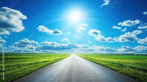 Sunny asphalt road through green field under blue sky with fluffy clouds.