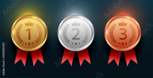 set of gold, silver and bronze winning numbers medal design