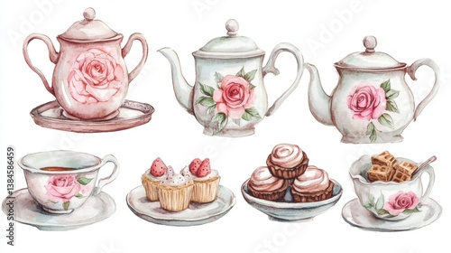 Watercolor illustration of British afternoon tea,tea break in the English style,tea set with Afternoon tea stand with macaroons and scone,cake,cup of tea,Tea time dessert table,vintage style.