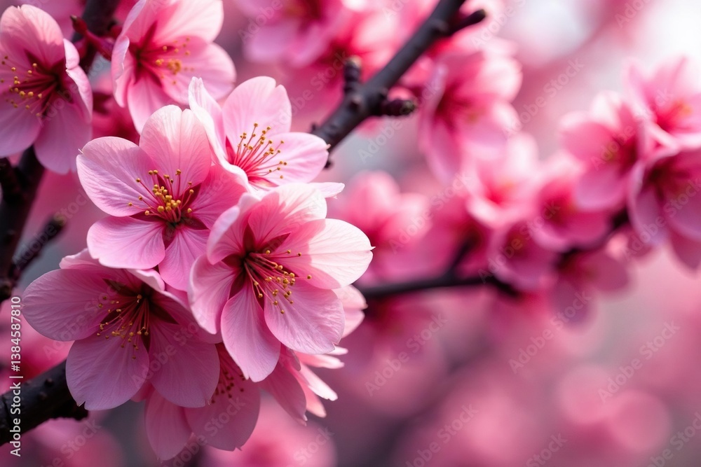 Obraz premium Bold pink sakura blossoms, densely packed repeating pattern, springtime, illustration, bright