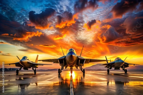 American Fighter Jet Silhouettes at Sunset: Dramatic Architectural Photography Collection