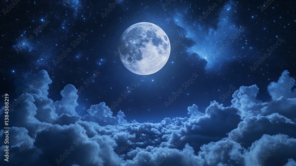 Glowing full moon in night sky with clouds and stars image Glowing full moon in night sky with clouds and stars image
