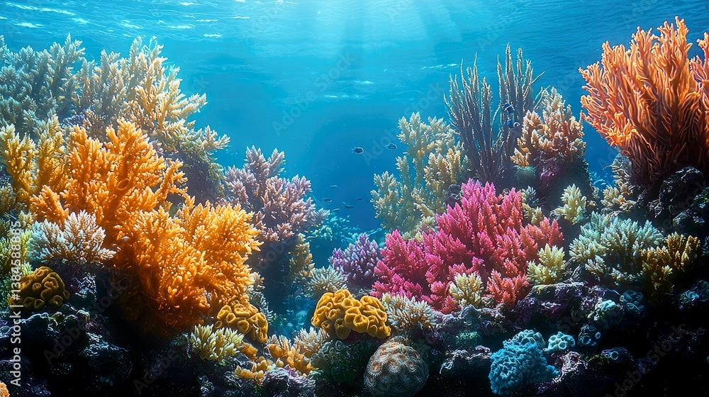 Fototapeta premium Vibrant Coral Reef Underwater Scene: A Breathtaking View of Marine Life and Biodiversity in a Pristine Ocean Ecosystem