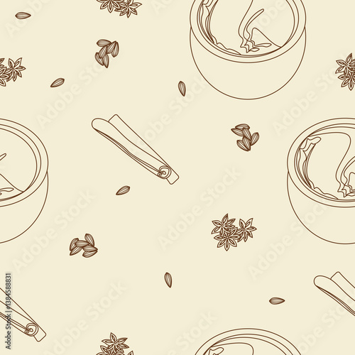 Editable Outline Style Vector Illustration Seamless Pattern of Indian Masala Chai in Pottery Cup with Assorted Herb Spices for Creating Background of Beverages With South Asian Culture and Tradition