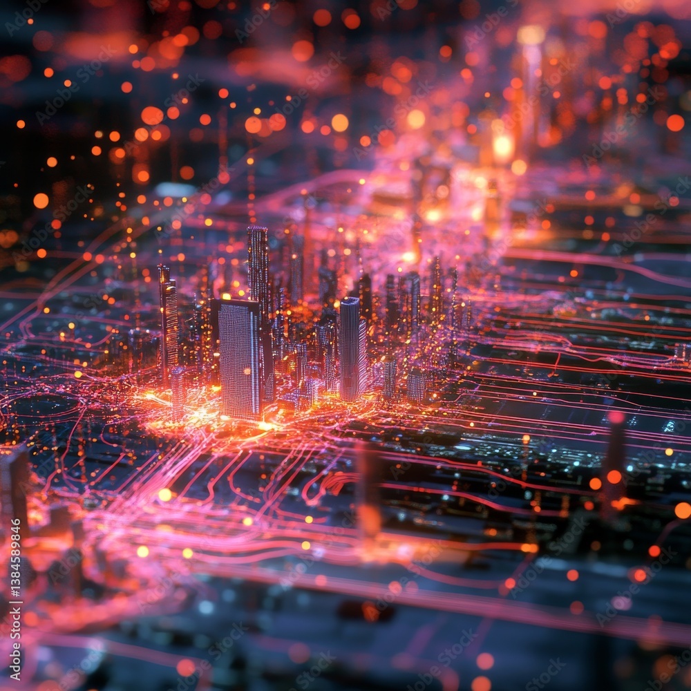 Cyberpunk Cityscape: An Abstract Depiction of Technology and Urban Connectivity with Glowing Data Streams. Cyberpunk Cityscape: An Abstract Depiction of Technology and Urban Connectivity with Glowing Data Streams.