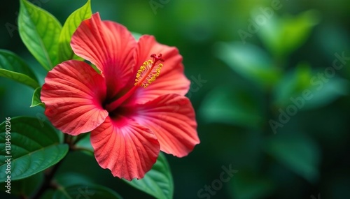 Bold tropical hibiscus, lush green leaves, vibrant colors, fabric, jungle, wall art