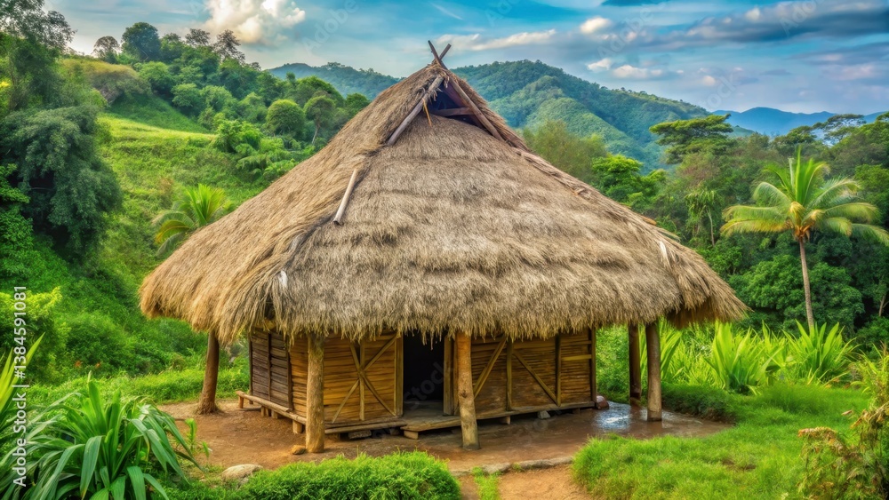 Traditional indigenous hut made of natural materials such as wood and straw, with a thatched roof and surrounding lush greenery , thatched, environment Traditional indigenous hut made of natural materials such as wood and straw, with a thatched roof and surrounding lush greenery , thatched, environment