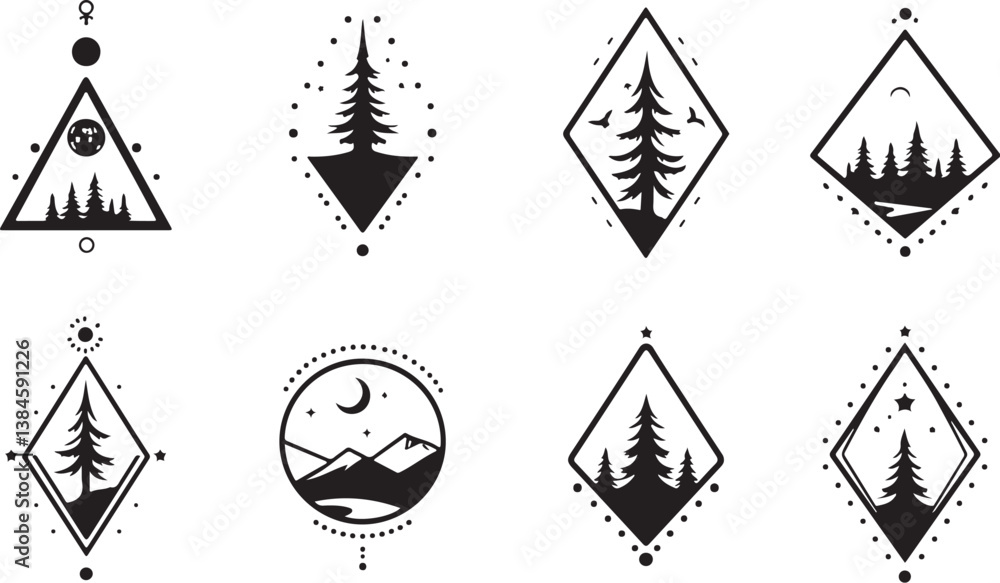 geometric mountain and tree silhouette design, geometric mountain and tree silhouette design,