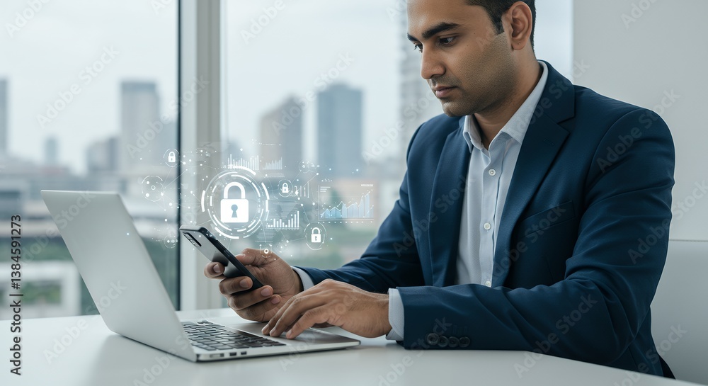 Fototapeta premium Cybersecurity Professional Safeguarding Data Using Mobile and Laptop Technology