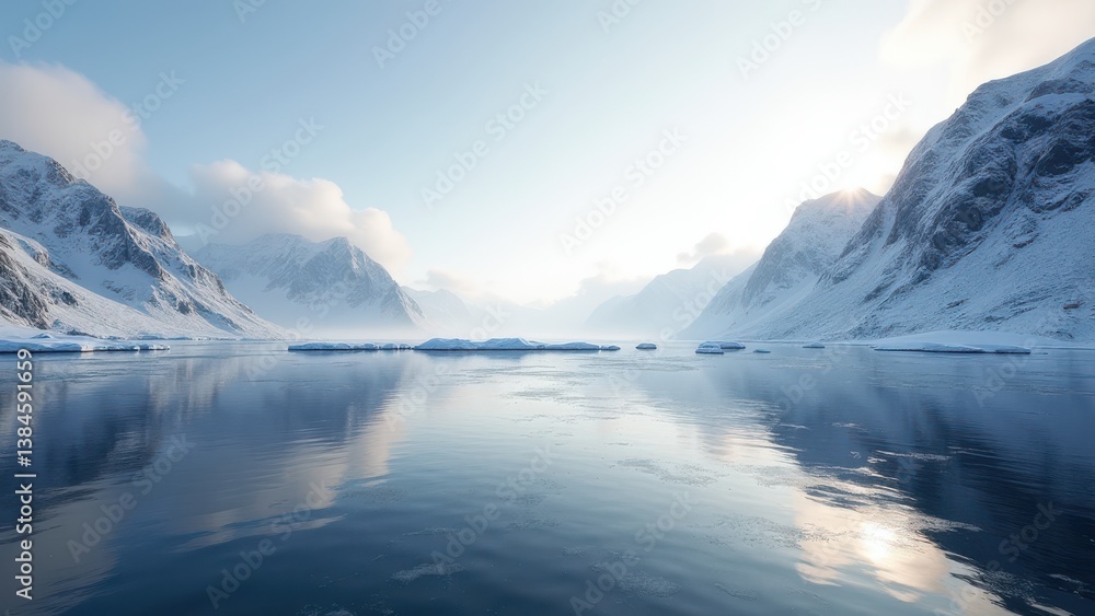 Snow covered lake surrounded by mountains under clear sky with calm reflective water Snow covered lake surrounded by mountains under clear sky with calm reflective water