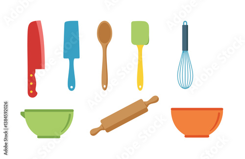 Modern kitchen icon set featuring food preparation tools like chef knives spatulas spoons whisk and more in flat style

