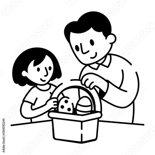 A father giving easter basket to her daughter, doodle icon 
