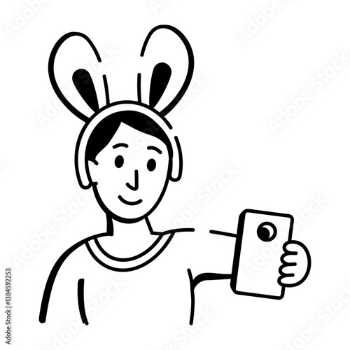 A character taking selfie with a mobile, hand drawn icon 
