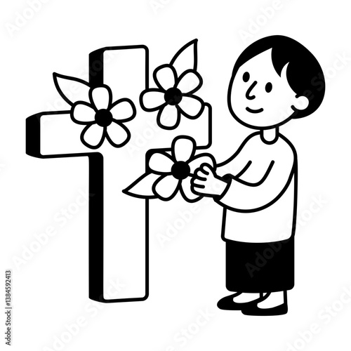 A character decorating easter cross, hand drawn icon 
