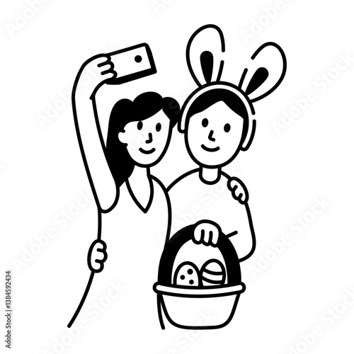 Two characters taking easter selfie, hand drawn icon 
