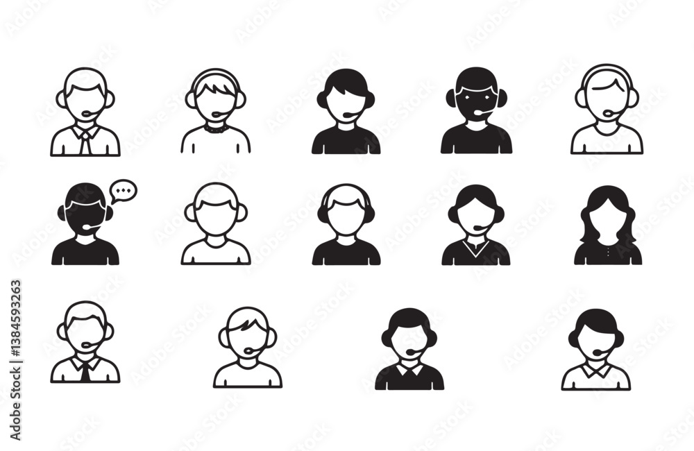 Customer relations representative icons with business and casual looks wearing communication accessories
Customer relations representative icons with business and casual looks wearing communication accessories