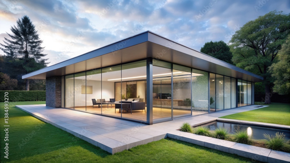 Modern minimalist dwelling with expansive glass surfaces and a low-pitched roofline , clean lines, minimalist exterior design Modern minimalist dwelling with expansive glass surfaces and a low-pitched roofline , clean lines, minimalist exterior design