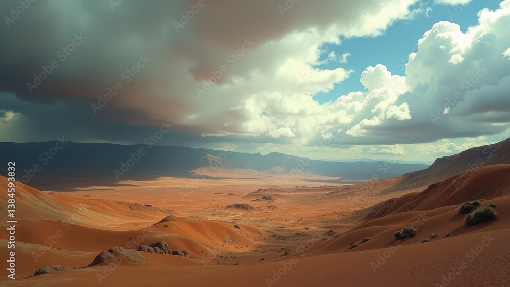 Naklejka premium Straight dirt road through desert landscape with distant storm clouds and dry vegetation
