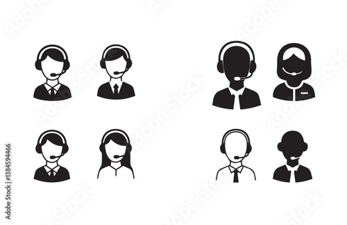 Monochrome call center representative illustrations showing multiple headset designs and professional appearances

