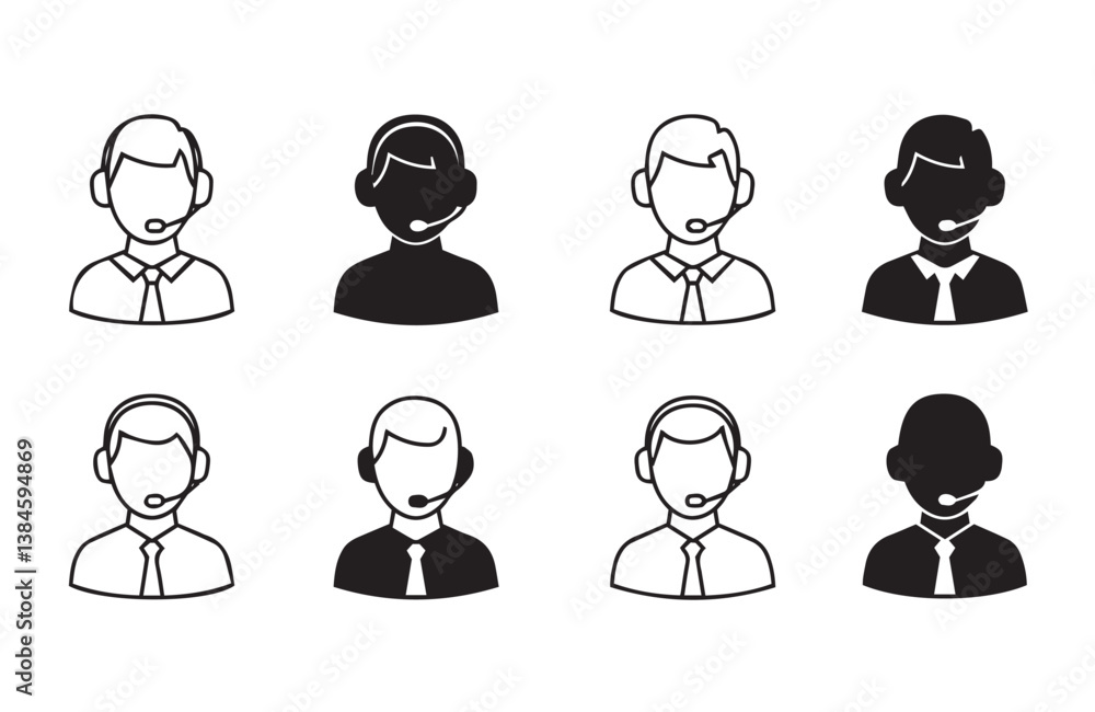 Call center agent icons in headset communication theme showing different gender roles and office clothing designs
Call center agent icons in headset communication theme showing different gender roles and office clothing designs