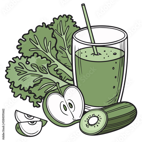 Green Smoothie with Kale, Apple, and Cucumber Vector. Perfect for: Detox Retreats, Green Smoothie Promotions, Wellness Month