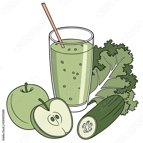 Green Smoothie with Kale, Apple, and Cucumber Vector. Perfect for: Detox Retreats, Green Smoothie Promotions, Wellness Month