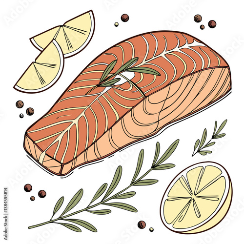 Grilled Salmon with Lemon and Herbs Vector. Perfect for: Seafood Week, Heart Health Campaigns, Healthy Eating Plans