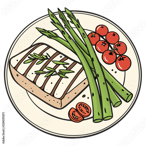 Grilled Tofu with Asparagus and Cherry Tomatoes Vector. Perfect for: Vegan Fitness Meals, Plant-Based Living, Wellness Menus